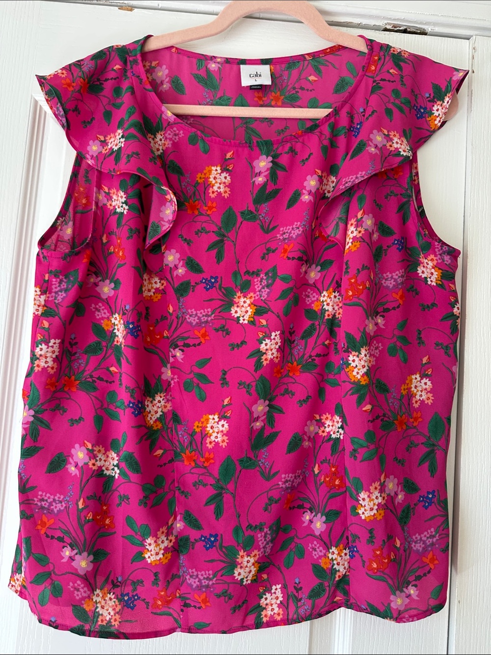 CAbi Fuchsia Floral Ruffle Shell Top
